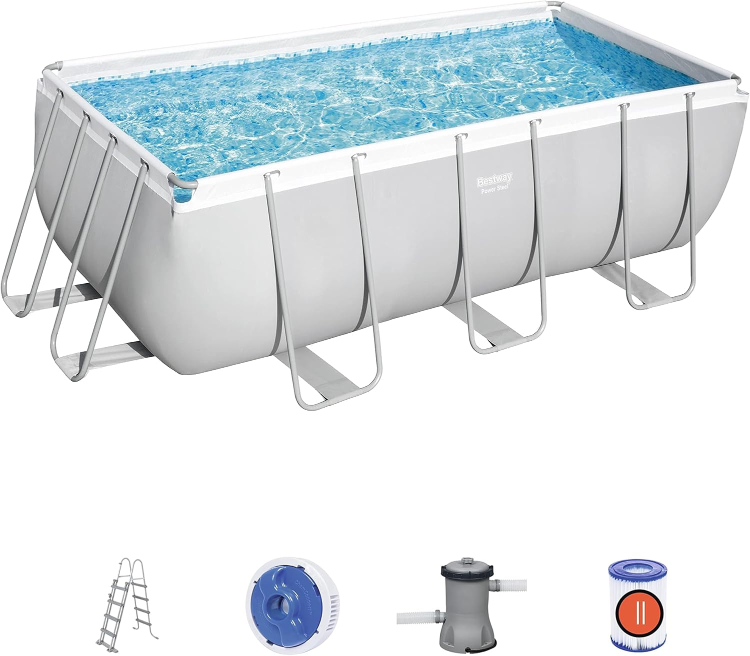 BW56456GB-21 Power Steel above Ground Pool, with Pump and Ladder, Grey, 13.6 Ft