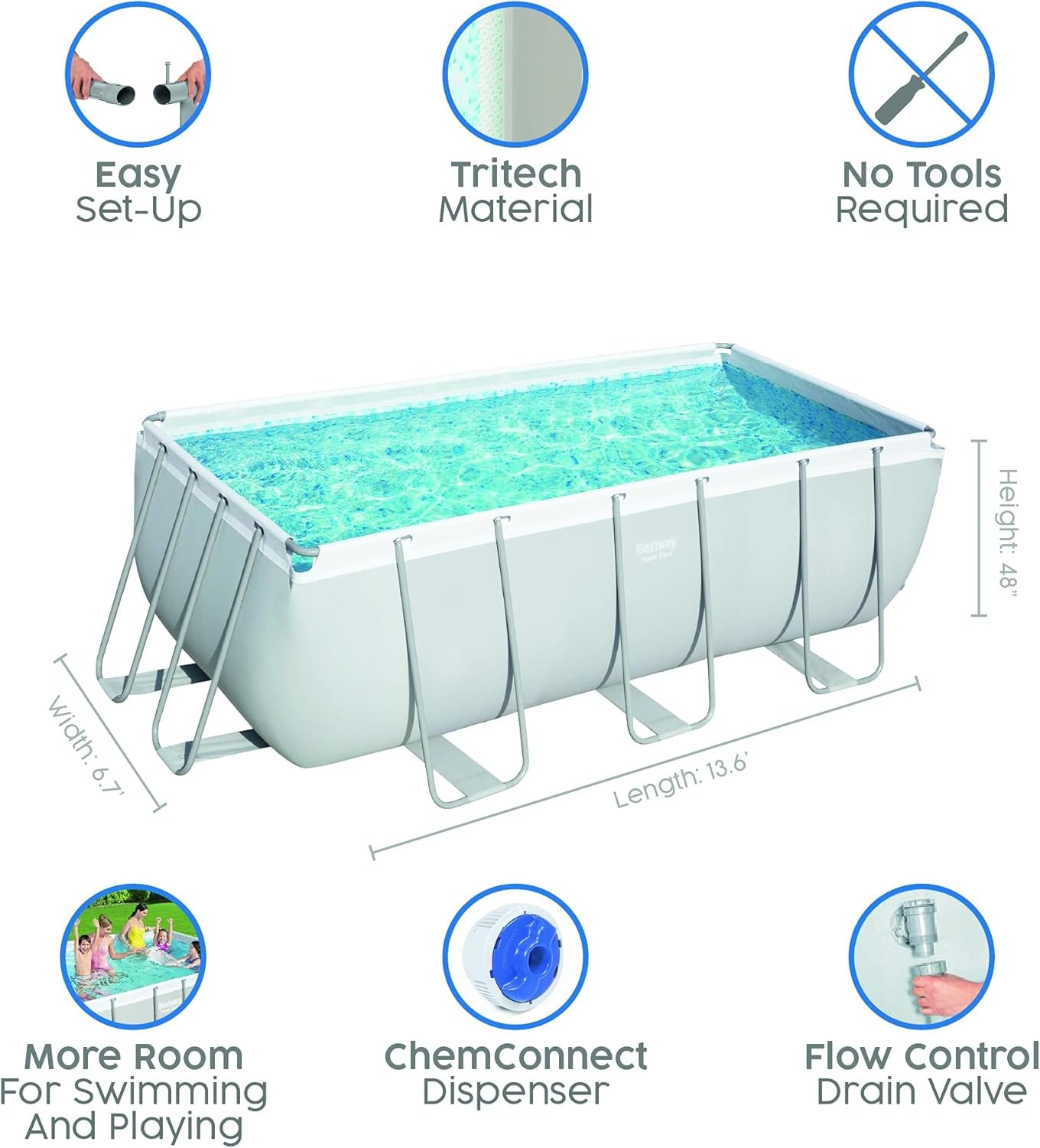 BW56456GB-21 Power Steel above Ground Pool, with Pump and Ladder, Grey, 13.6 Ft
