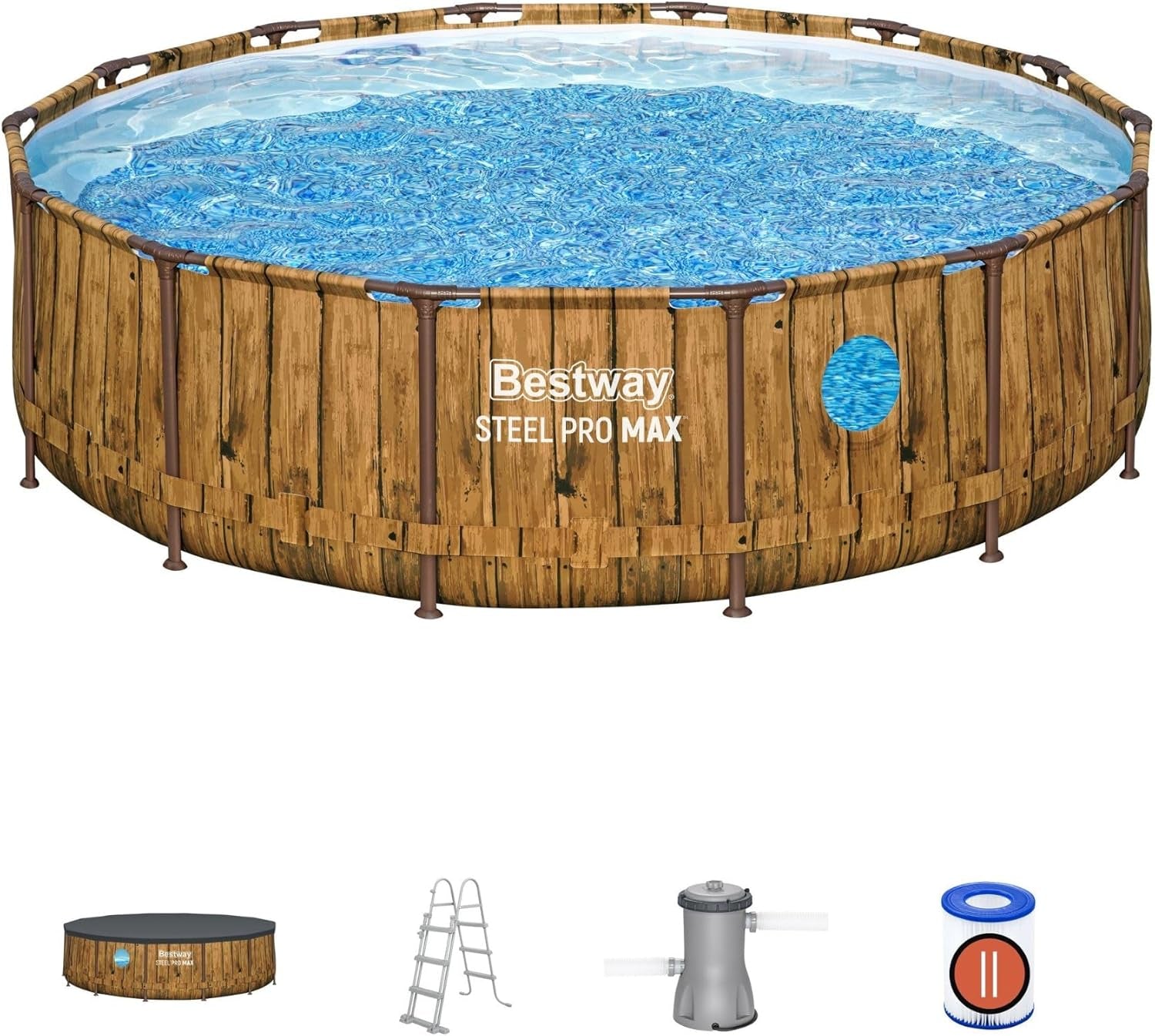 Steel Pro Max above Ground Pool, Metal Frame round Swimming Pool, Family Swimming Pool with Windows, Complete Set 14Ft, Wood