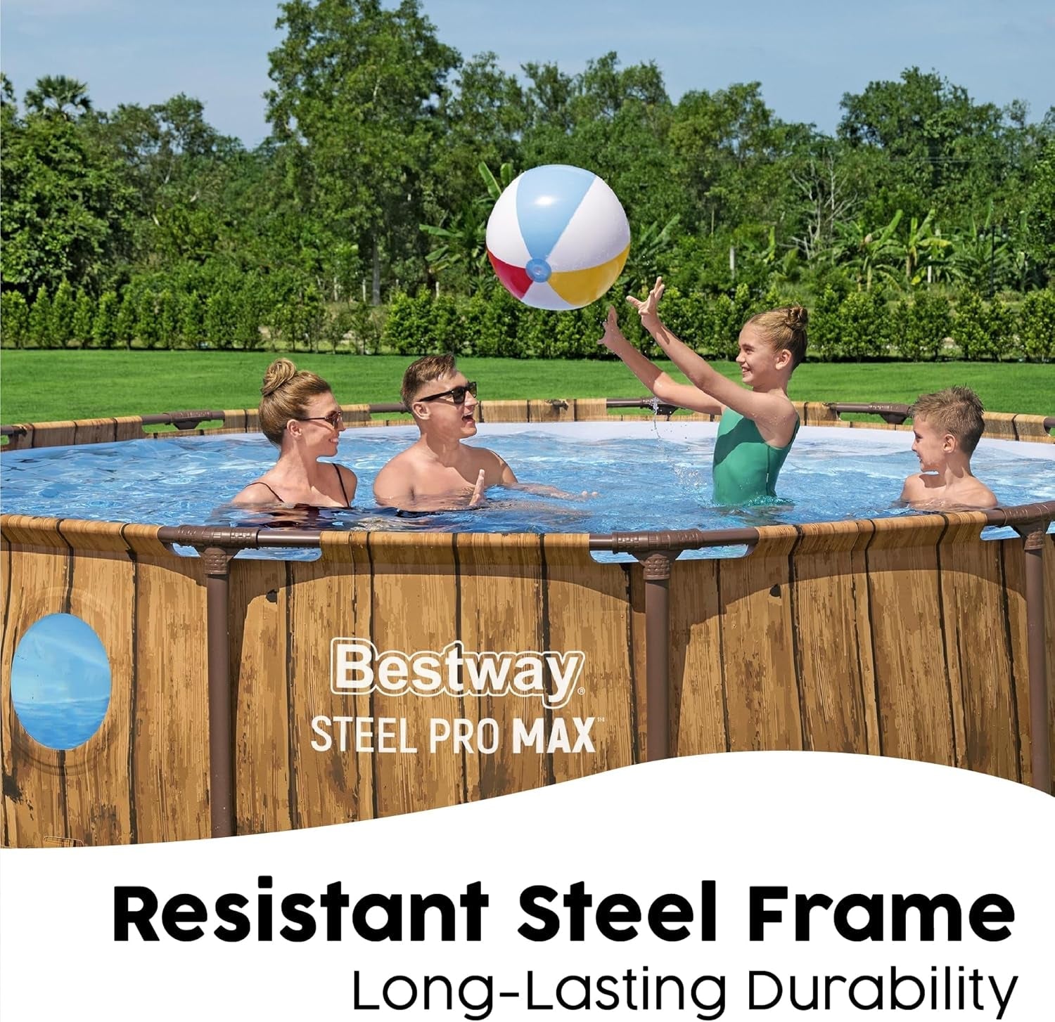 Steel Pro Max above Ground Pool, Metal Frame round Swimming Pool, Family Swimming Pool with Windows, Complete Set 14Ft, Wood
