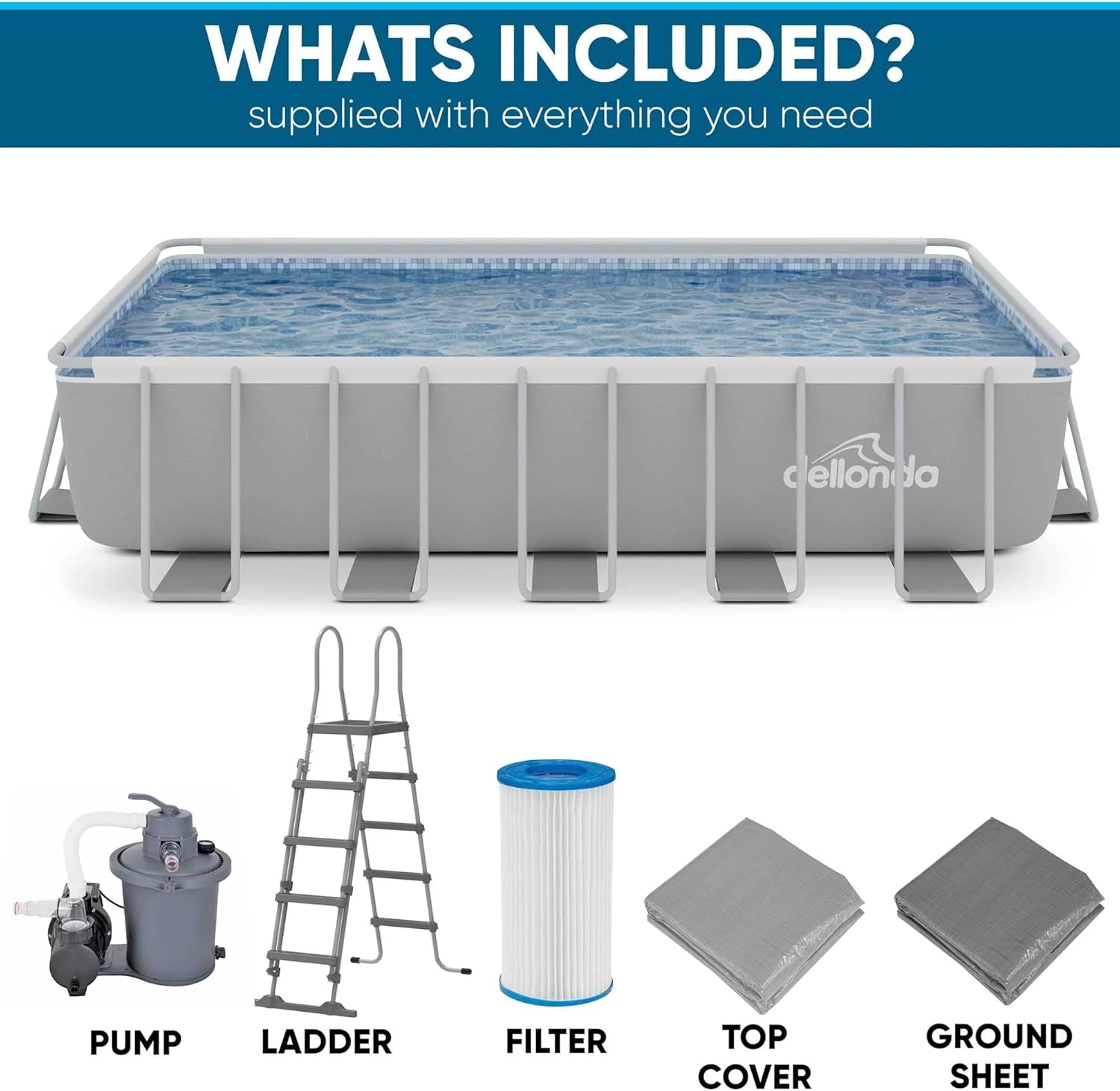 21Ft Deluxe Rectangular Steel Frame Swimming Pool with Step Ladder & Filter Pump - DL150