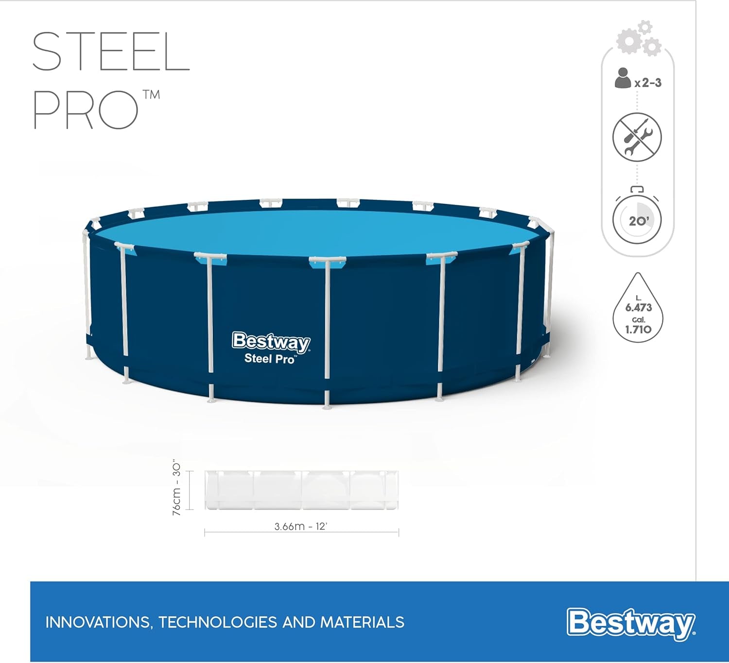 Steel Pro Swimming Pool | above Ground round Paddling Pool, 12' X 30"