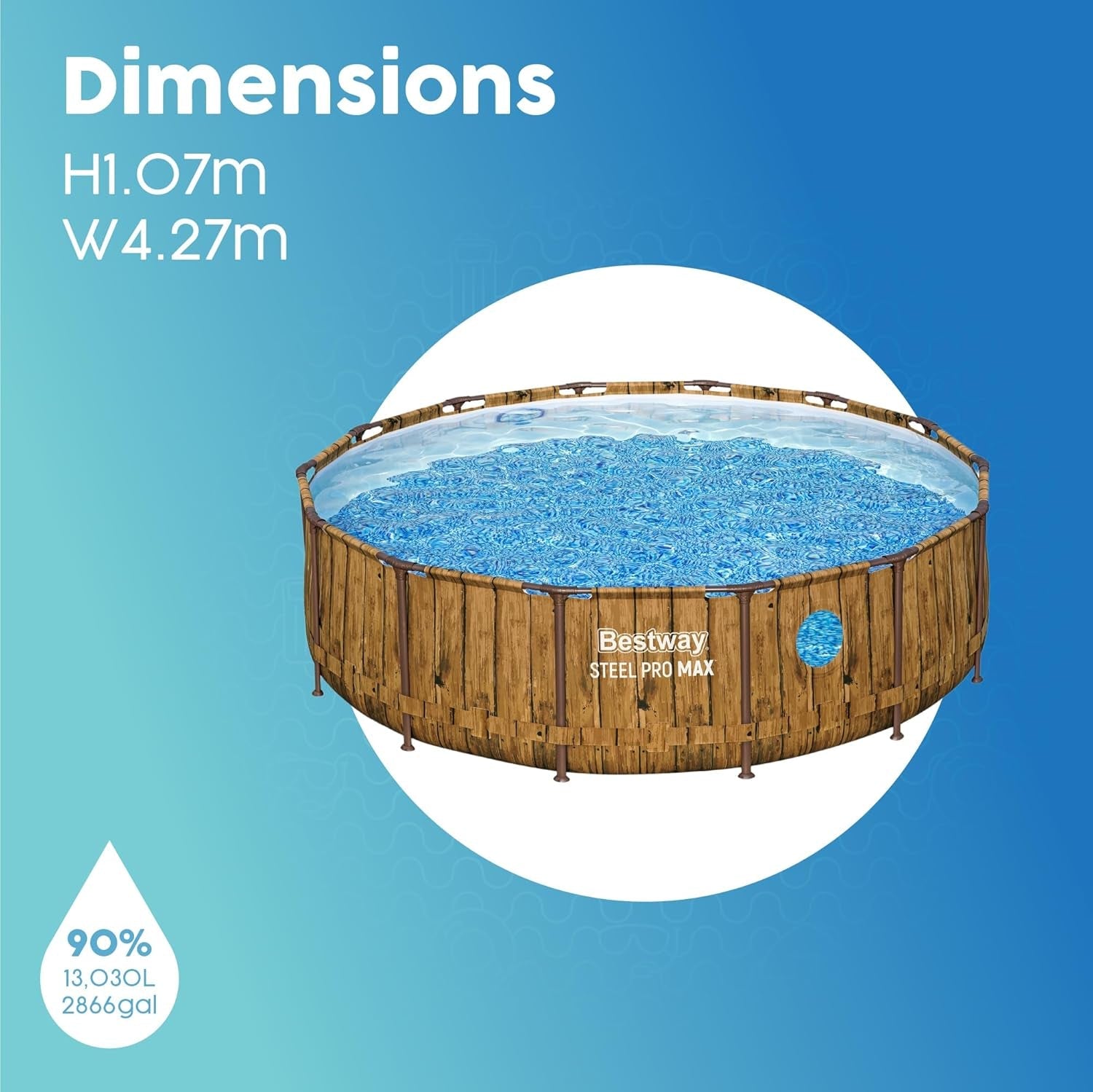 Steel Pro Max above Ground Pool, Metal Frame round Swimming Pool, Family Swimming Pool with Windows, Complete Set 14Ft, Wood