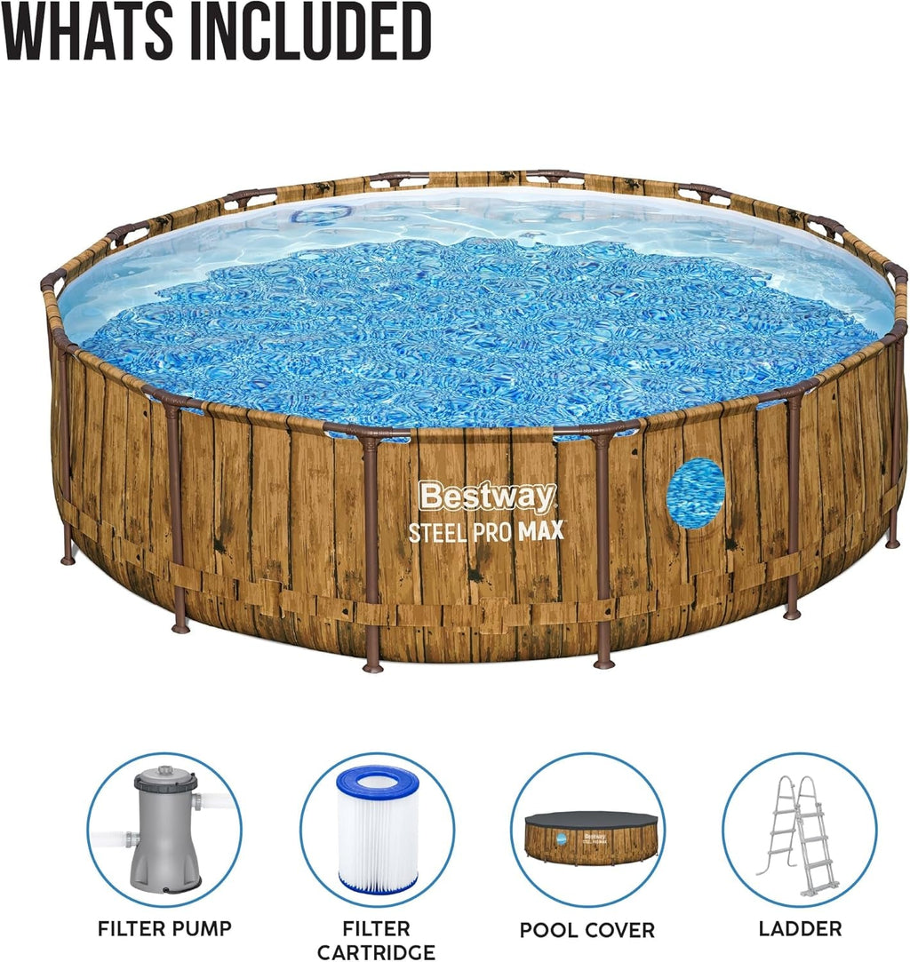 Steel Pro Max above Ground Pool, Metal Frame round Swimming Pool, Family Swimming Pool with Windows, Complete Set 14Ft, Wood