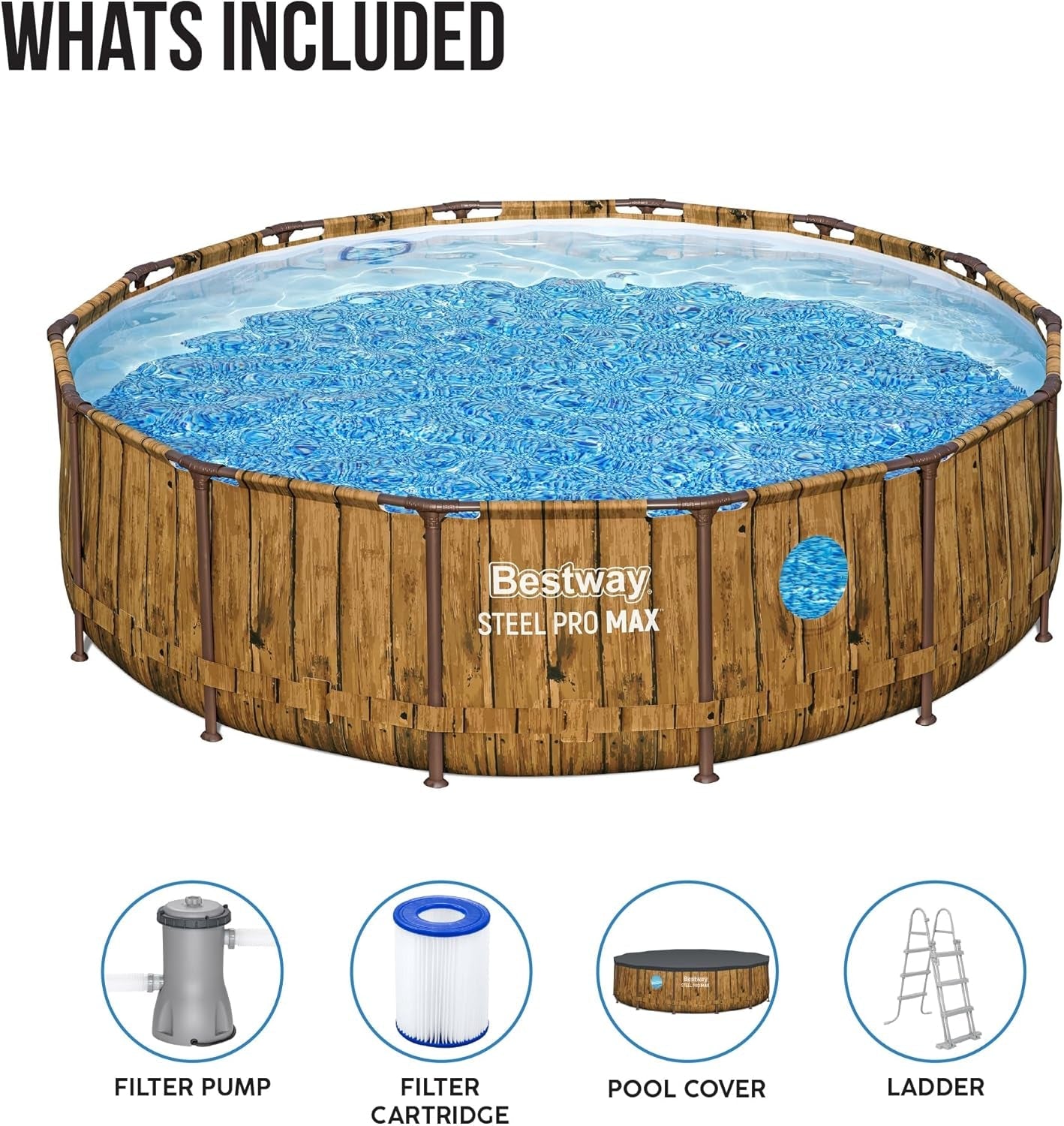 Steel Pro Max above Ground Pool, Metal Frame round Swimming Pool, Family Swimming Pool with Windows, Complete Set 14Ft, Wood